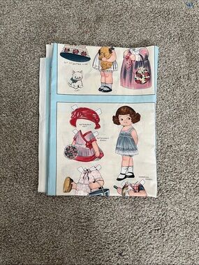 Vintage Paper Doll fabric with Blue and Red Illustrations